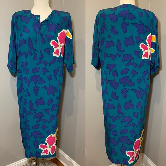 VTG JOHN YANG New York 1980s 100% Silk Sheath Dress MULTICOLOR / SIZE 10 - Picture 1 of 9